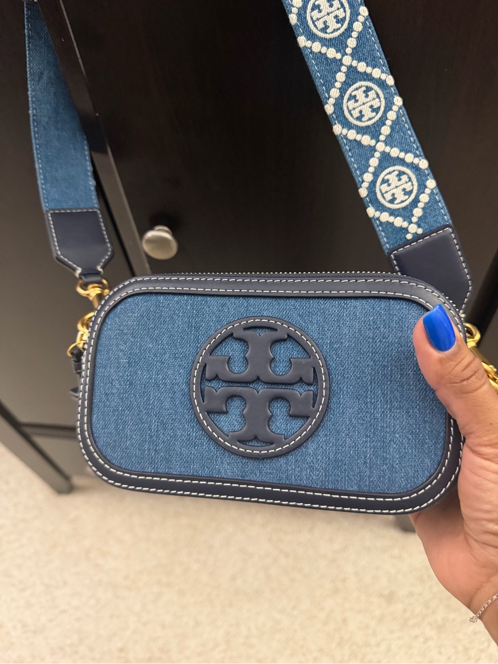 Tory Burch Denim Crossbody Camera Bag with Navy Logo Trim